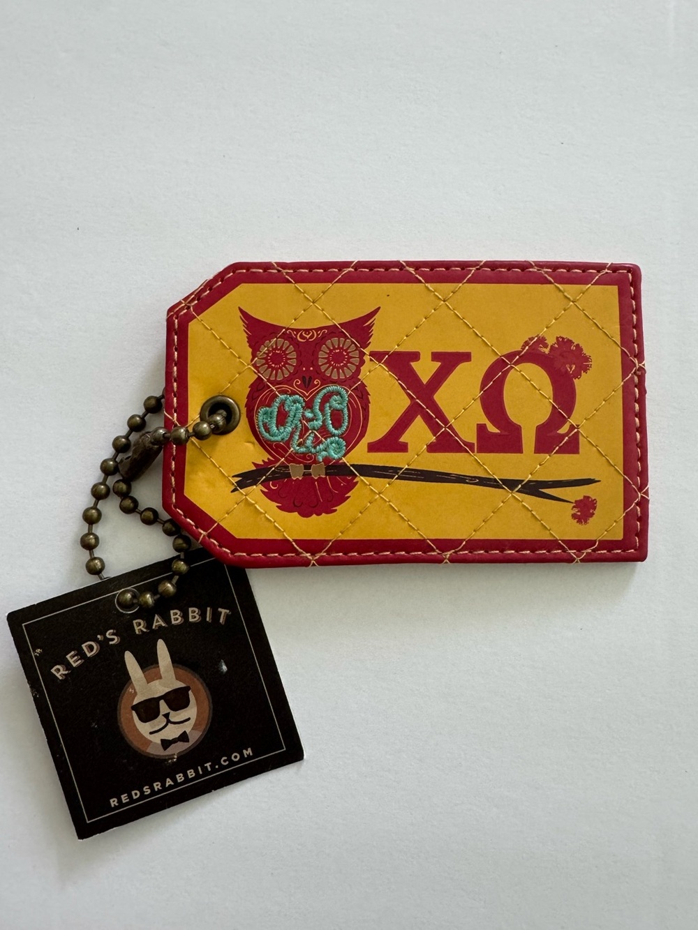 Red's Rabbit Chi Omega Luggage Tag Bag Tag 
Sorority Quilted Yellow Red New